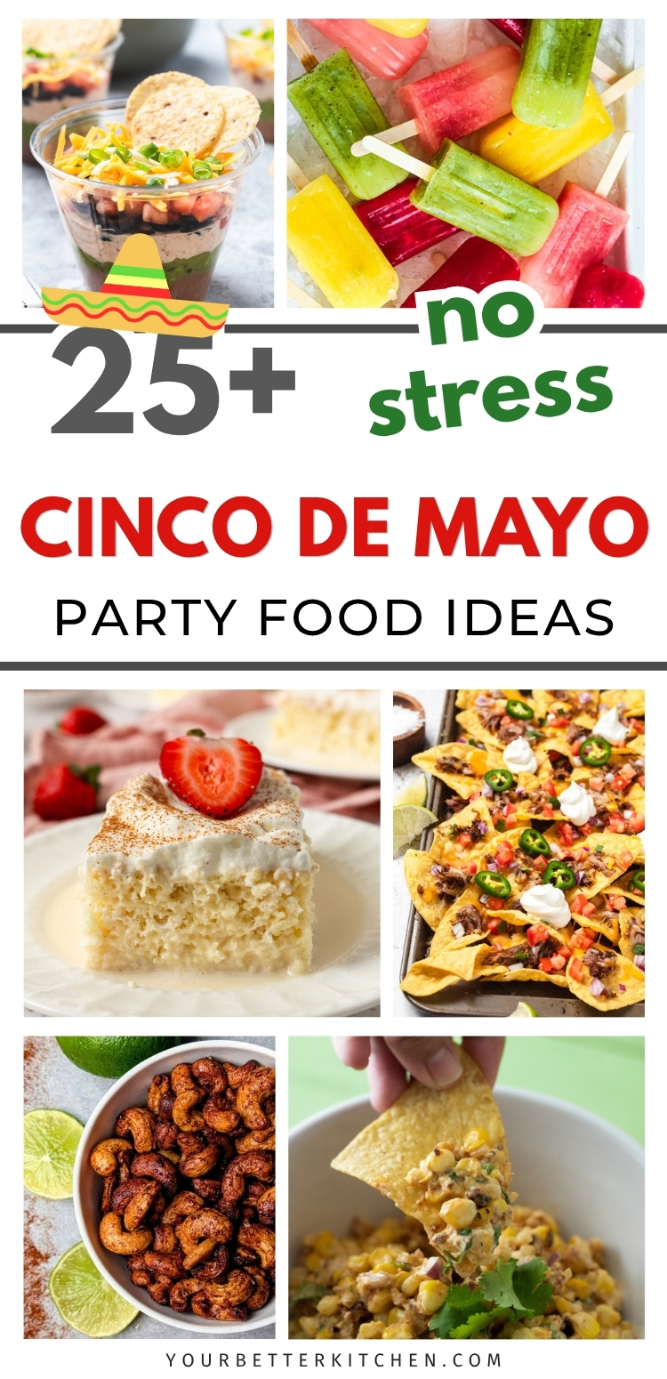 Cinco de Mayo party foods collage pin image with dips, nachos, paletas and easy Mexican appetizers for a crowd.