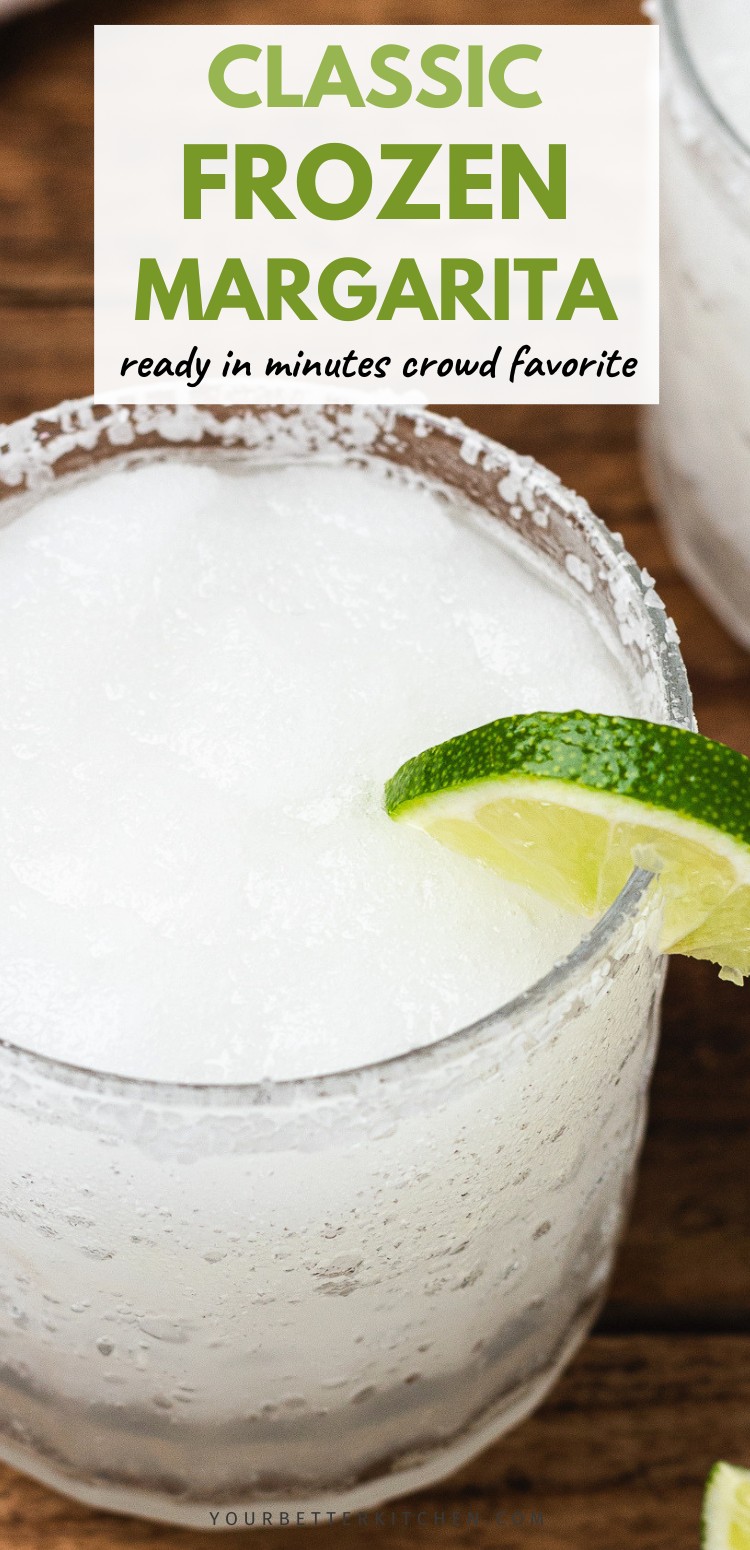 Pin image that reads "classic frozen margarita - ready in minutes crowd favorite."