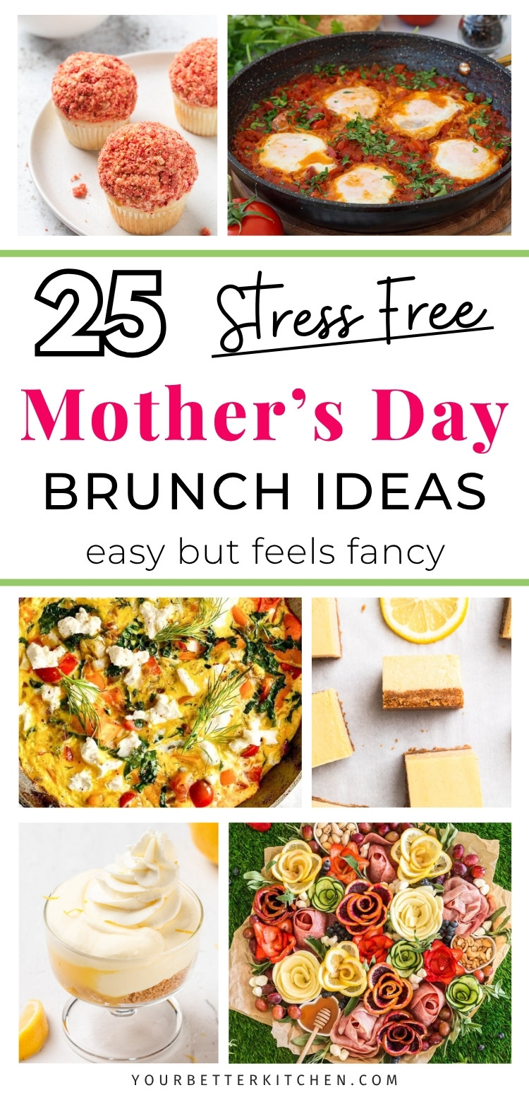 Pinterest pin collage for Mother’s Day brunch ideas with various sweet and savory dishes.