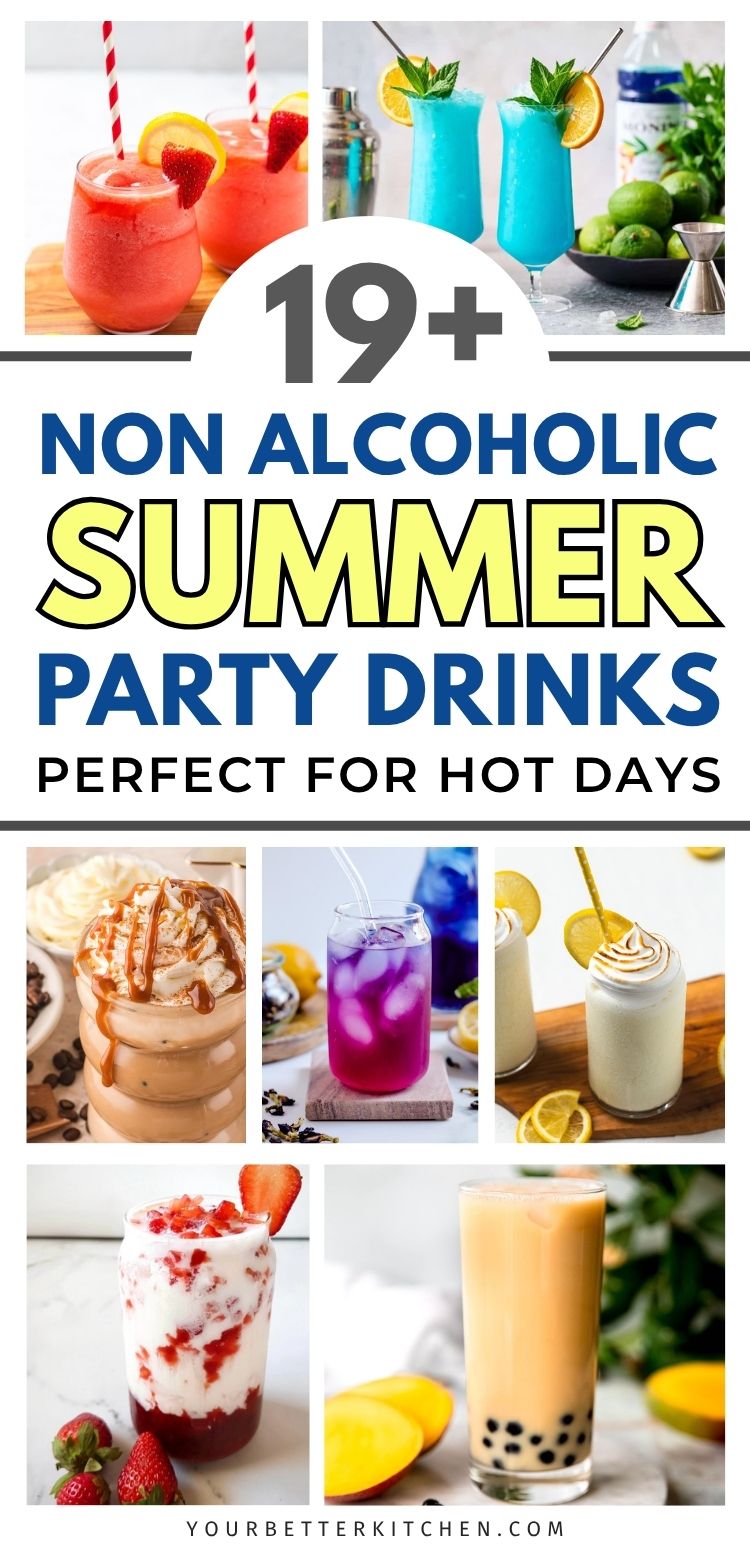 Pinterest collage of colorful non alcoholic summer party drinks.