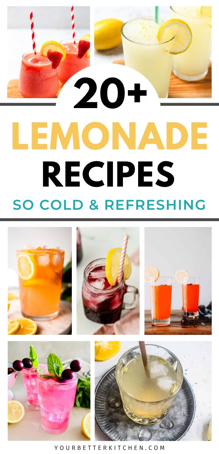 Refreshing lemonade recipes pin image collage with fruity summer drinks in bright glasses.