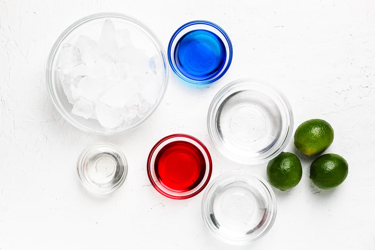 Ingredients for red, white, and blue patriotic margaritas.