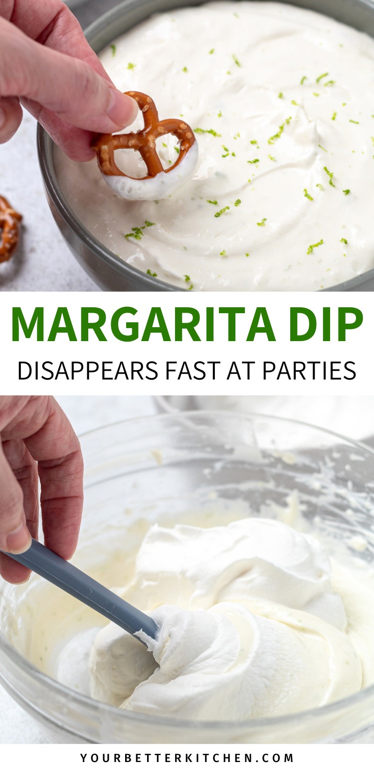 Pinterest pin image showing margarita dip with pretzel being dipped and text โMargarita Dip Disappears Fast at Partiesโ.