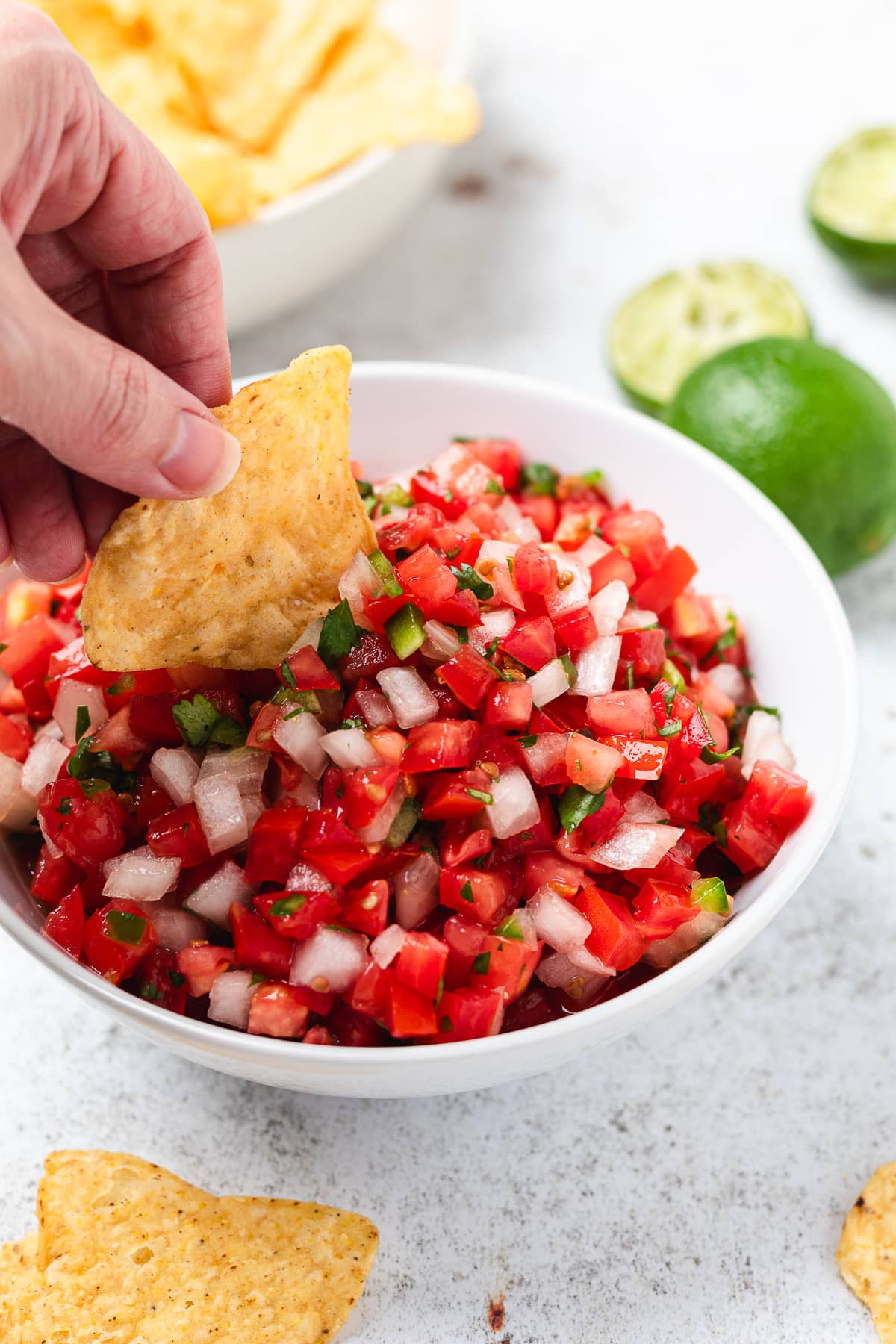 Fresh pico de gallo with tomatoes, onions, cilantro, and lime.