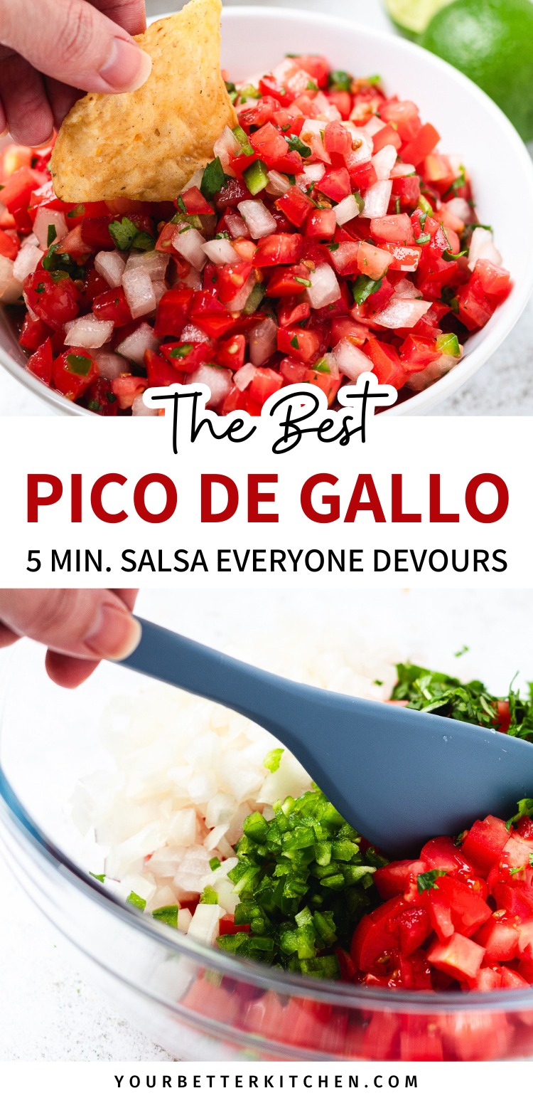 โPico de gallo with a chip above and a mixing bowl below. Text says โThe Best Pico de Gallo 5 Min. Salsa Everyone Devours.