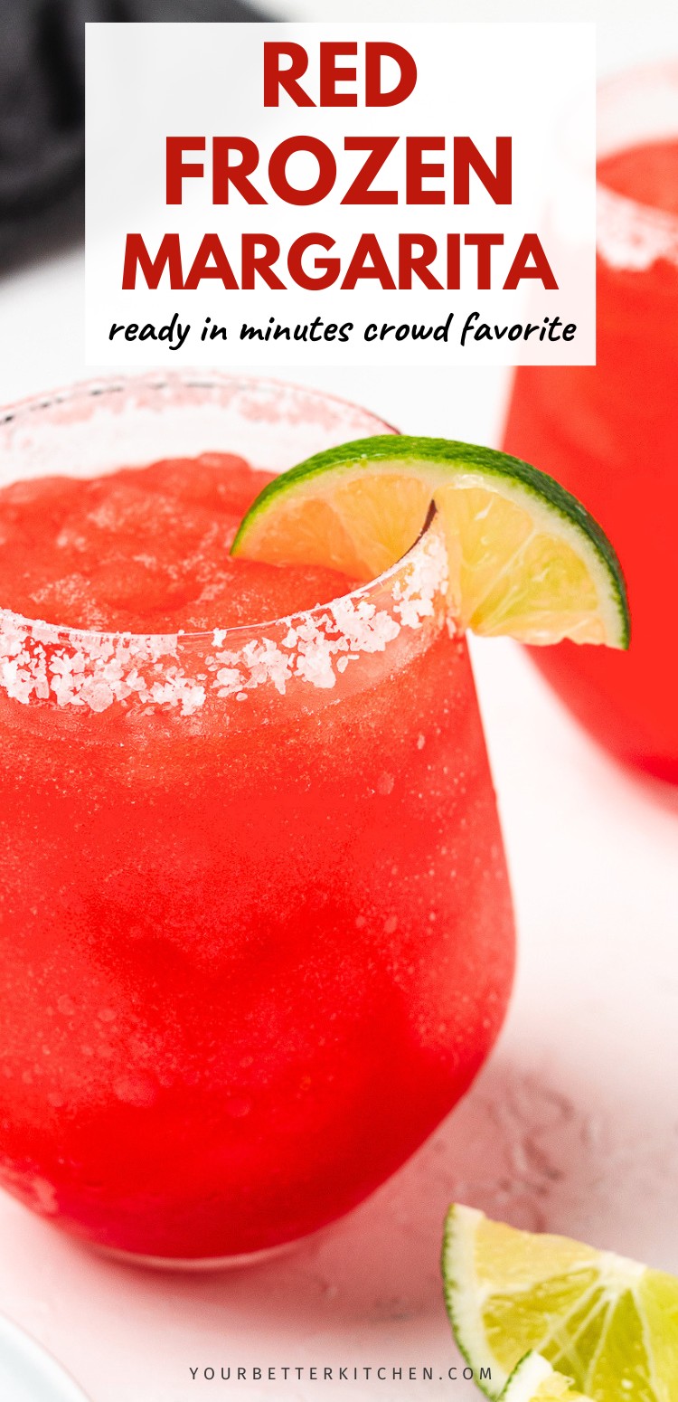 Pin image of frozen red margaritas that reads "red frozen margarita - ready in minutes crowd favorite."