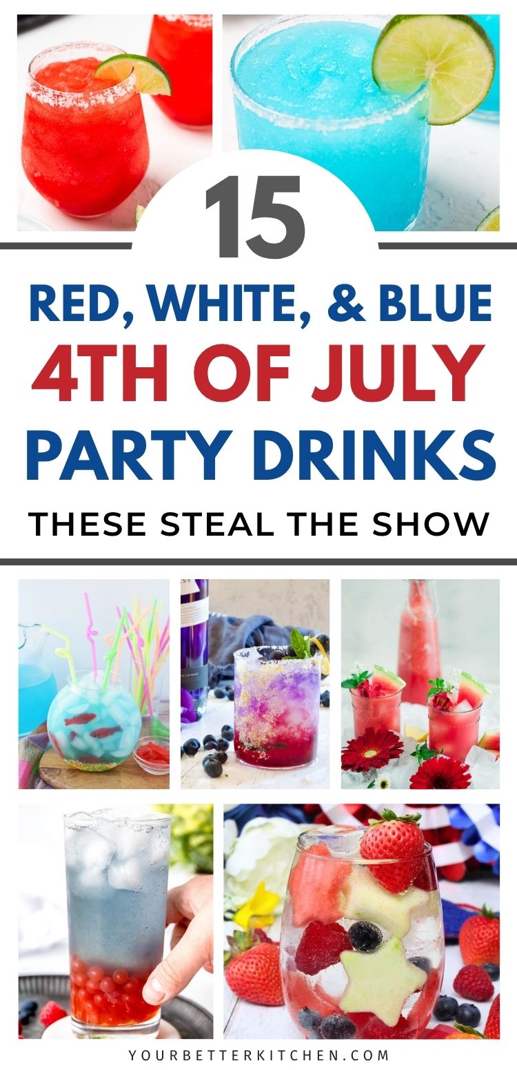 Collage of red, white, and blue 4th of July party drinks with bold text overlay.