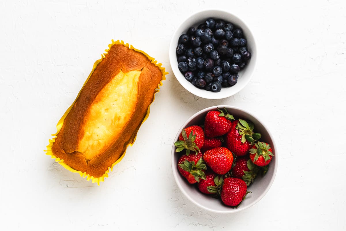 Ingredients for red, white, and blue pound cake skewers.