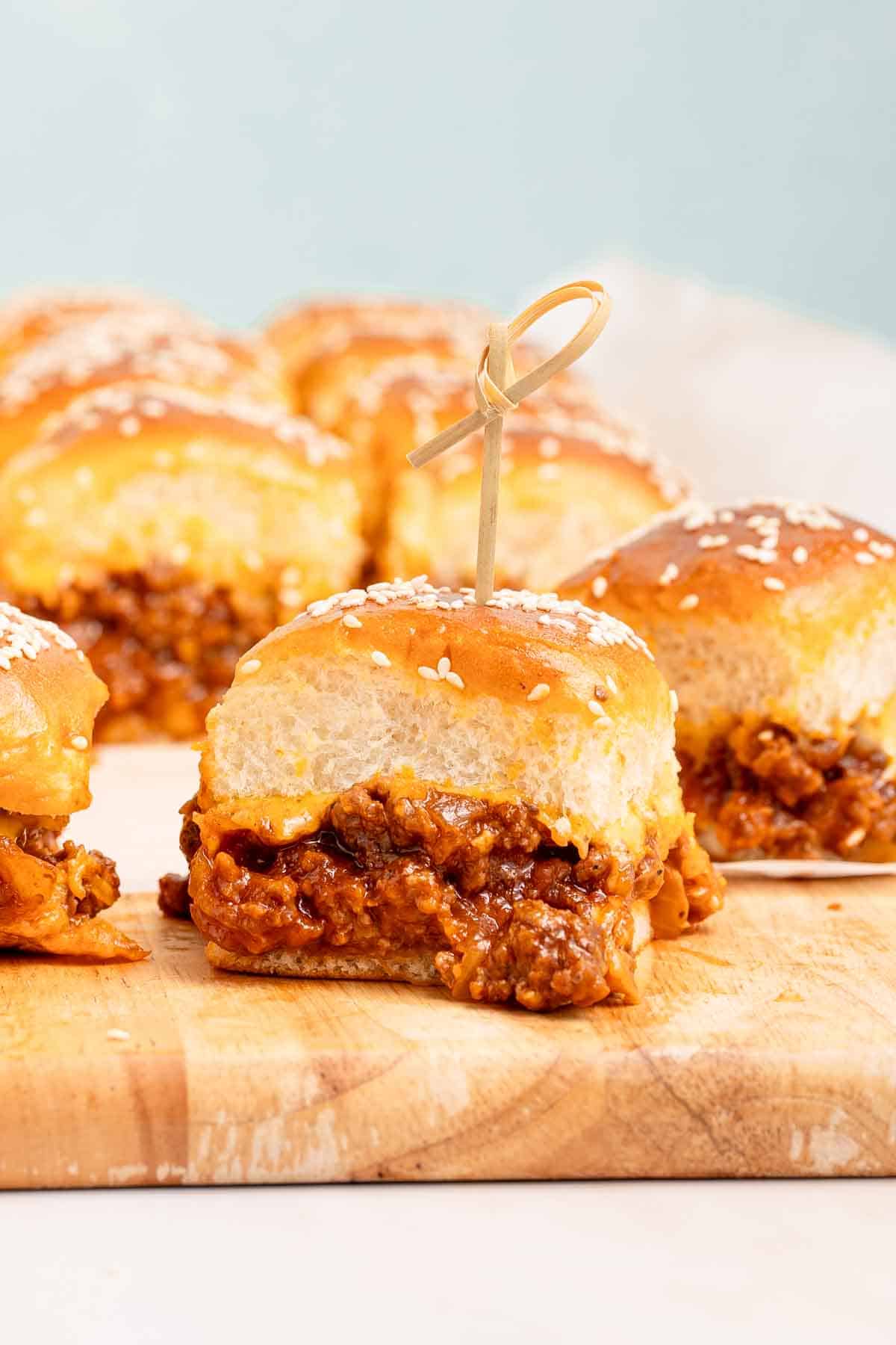 Sloppy joe sliders with seasoned beef on soft buns.