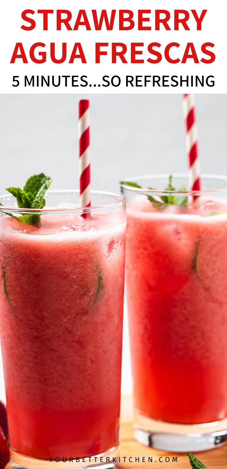 Two glasses of red strawberry agua fresca with mint and striped straws with text that reads Strawberry Agua Frescas 5 minutes so refreshing.