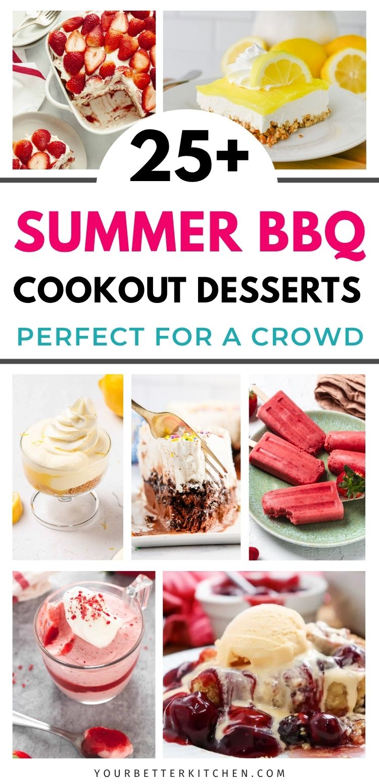 Summer BBQ cookout desserts for a crowd pin image collage with assorted easy desserts and bold text overlay.