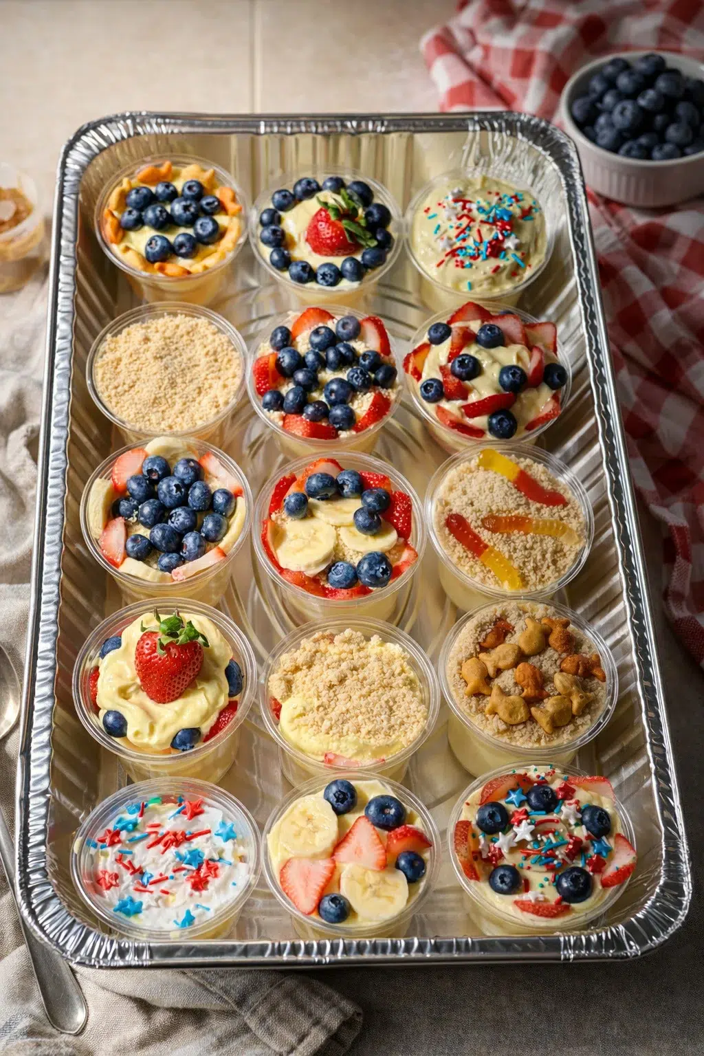 Tray of individual pudding cups topped with berries, cookies, and sprinkles.