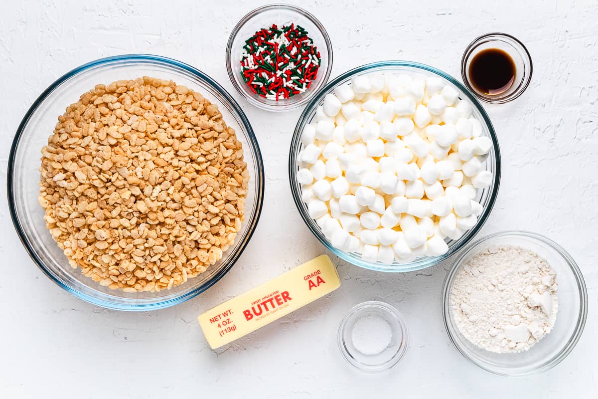 Ingredients for Christmas sugar cookie Rice Krispie treats.