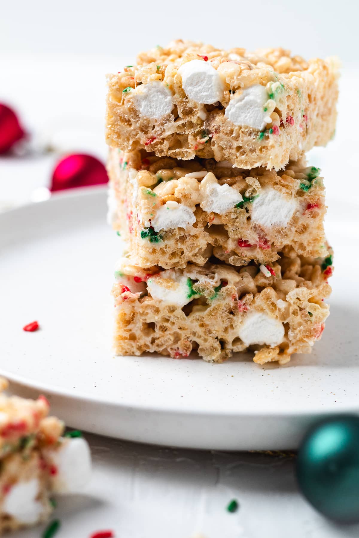 Stacked Christmas sugar cookie Rice Krispie treats.