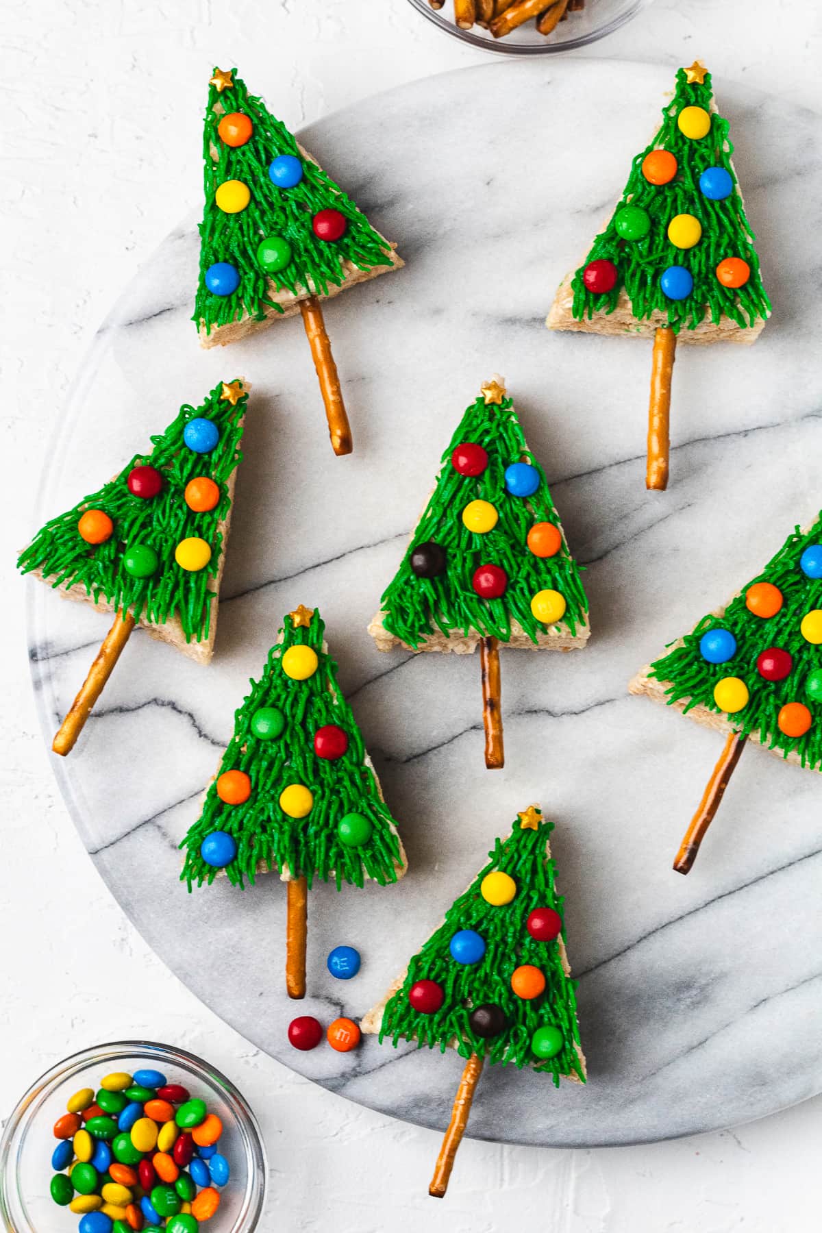 Overhead Christmas tree Rice Krispie treats.