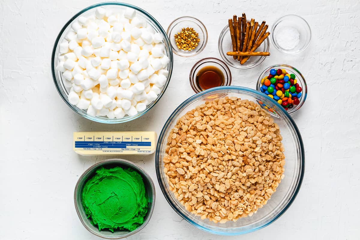 Ingredients for Christmas tree Rice Krispie treats.