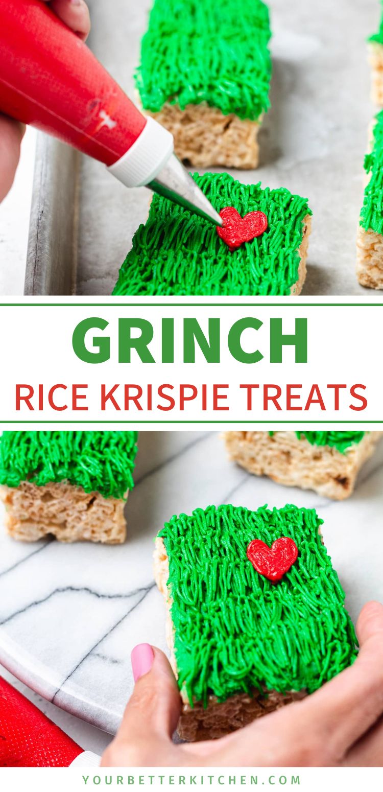 Pin image that reads "Grinch Rice Krispie Treats."