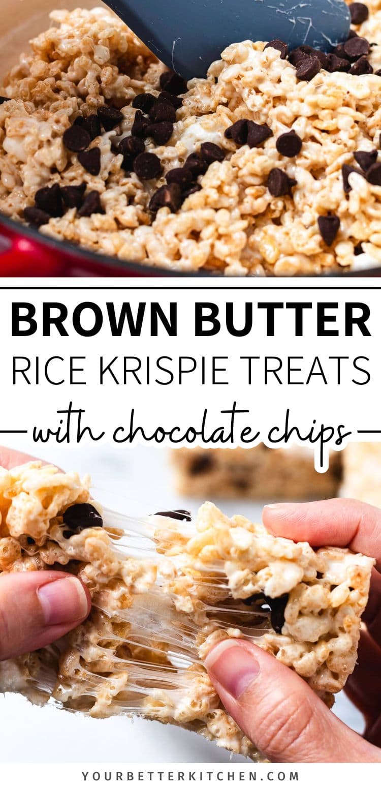 Pin image that reads "Brown Butter Rice Krispie Treats with chocolate chips."