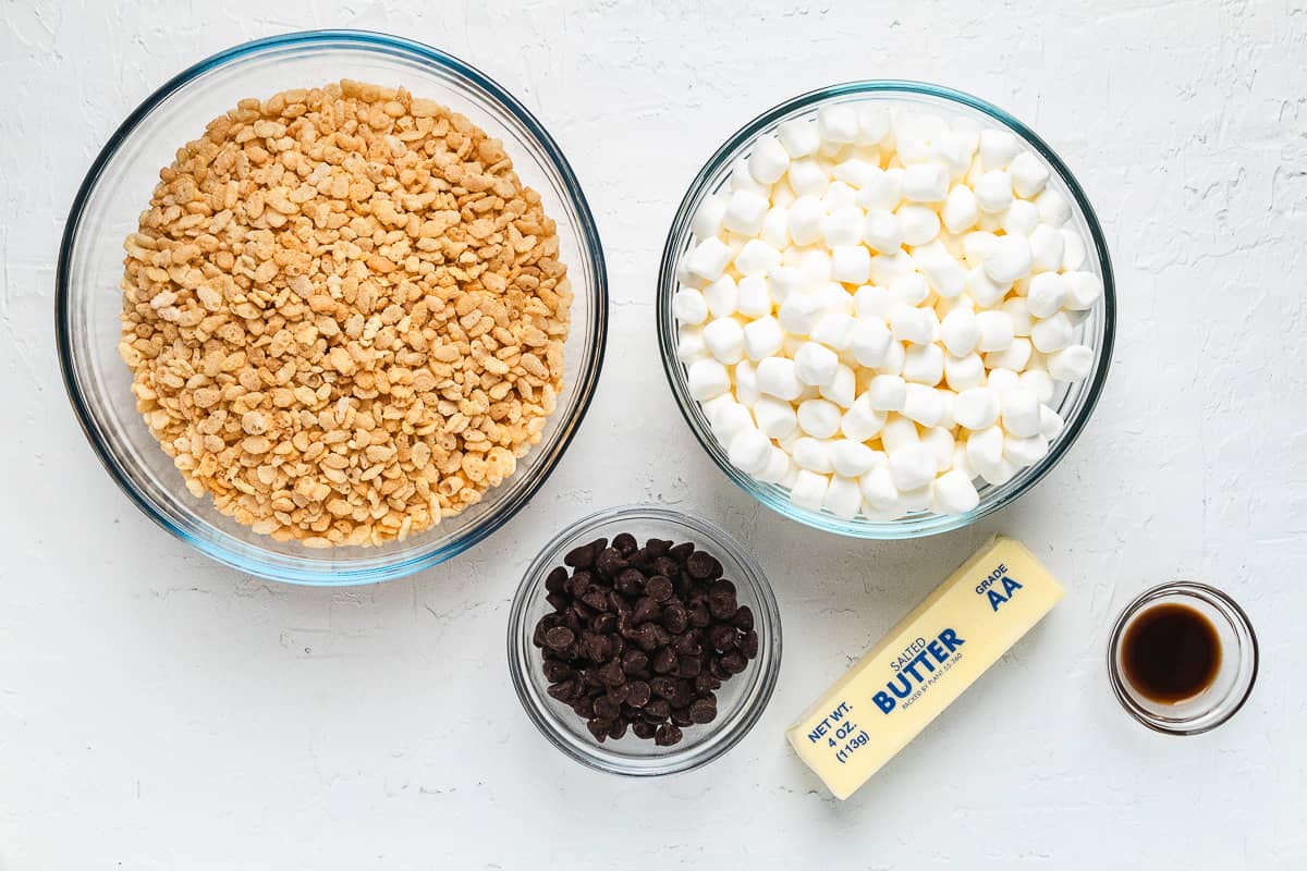 Ingredients for brown butter Rice Krispie treats with chocolate chips.