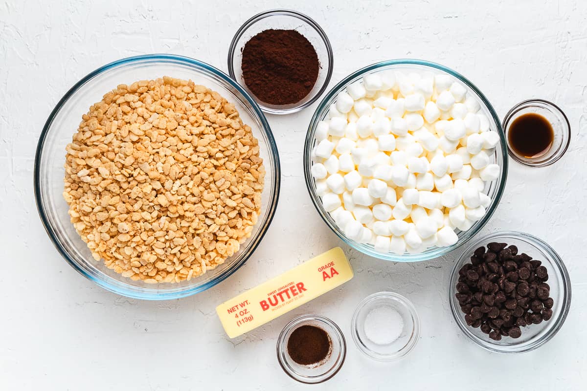 Ingredients for chocolate Rice Krispie treats.