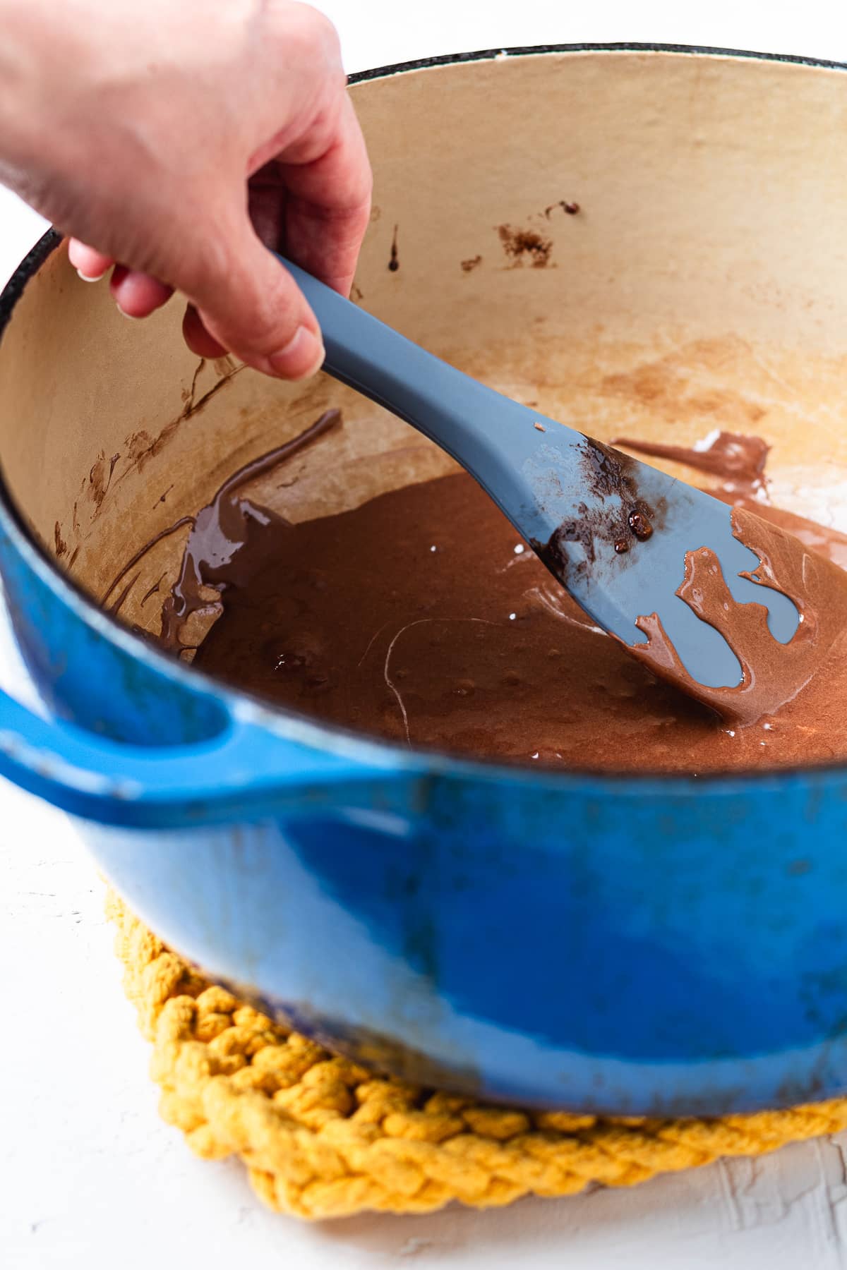 Melted chocolate marshmallow mixture in a pot.