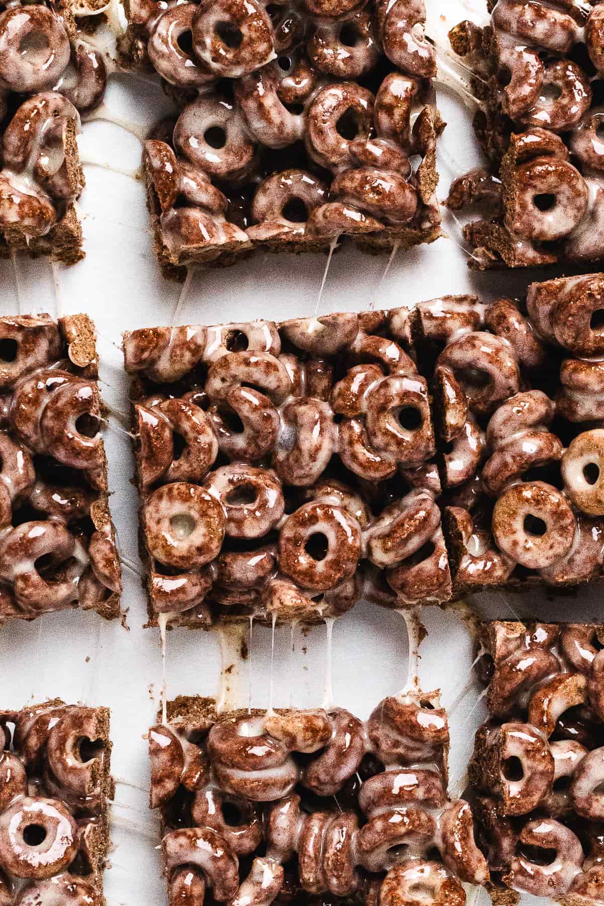Overhead view of cut Cocoa Loops crispy treats.