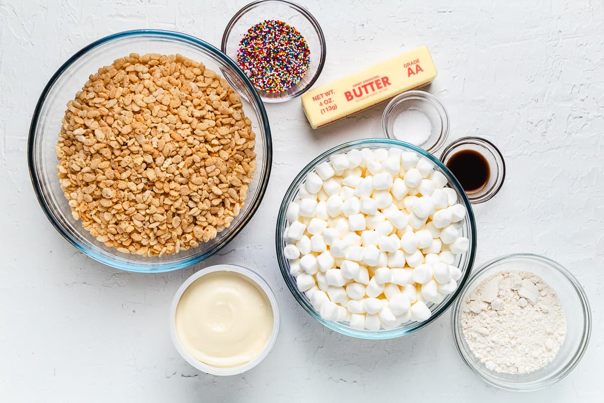 Ingredients for Dot Cake Rice Krispie Treats.