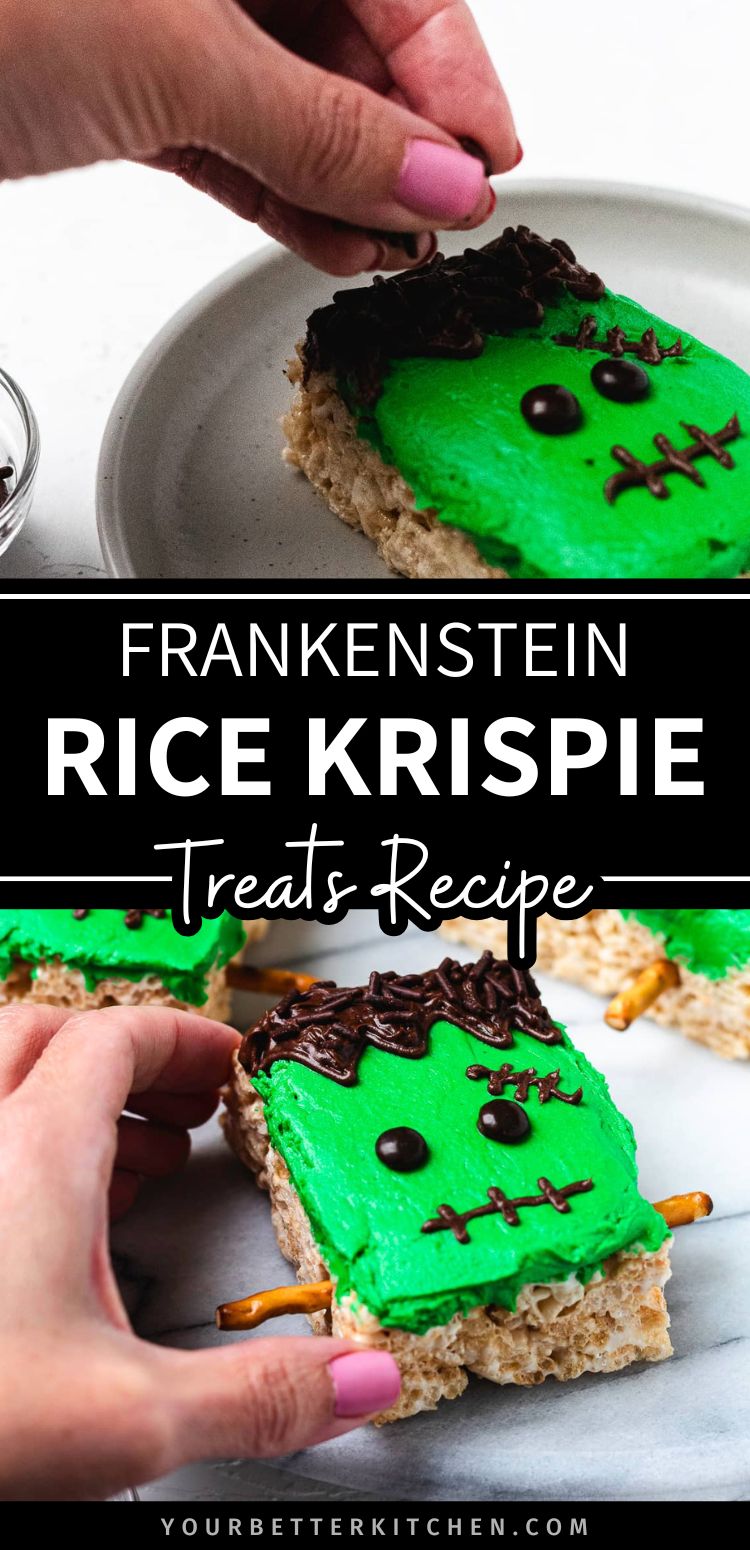Pin image that reads "Frankenstein Rice Krispie Treats Recipe."