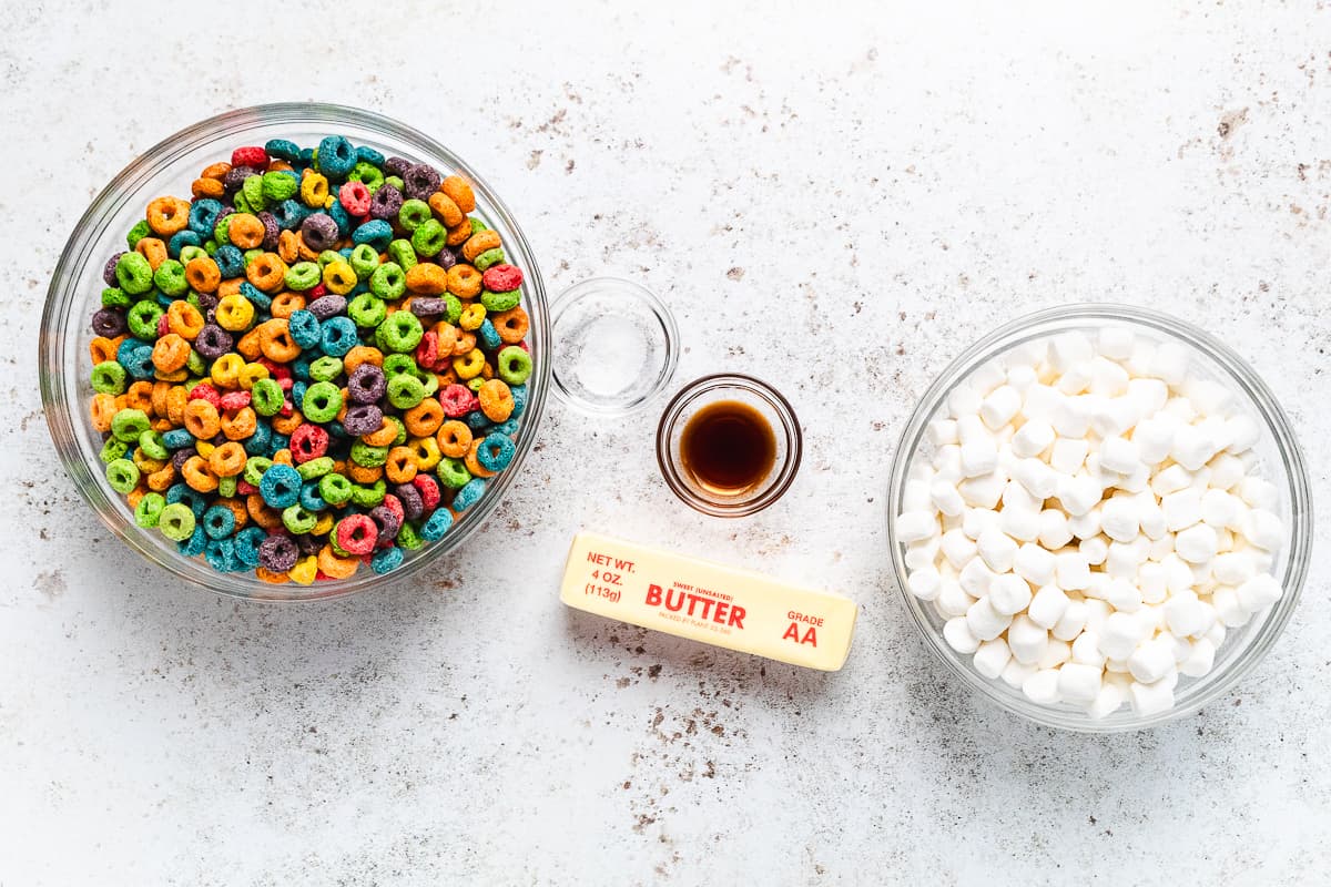 Ingredients for Froot Loops Rice Krispie Treats.
