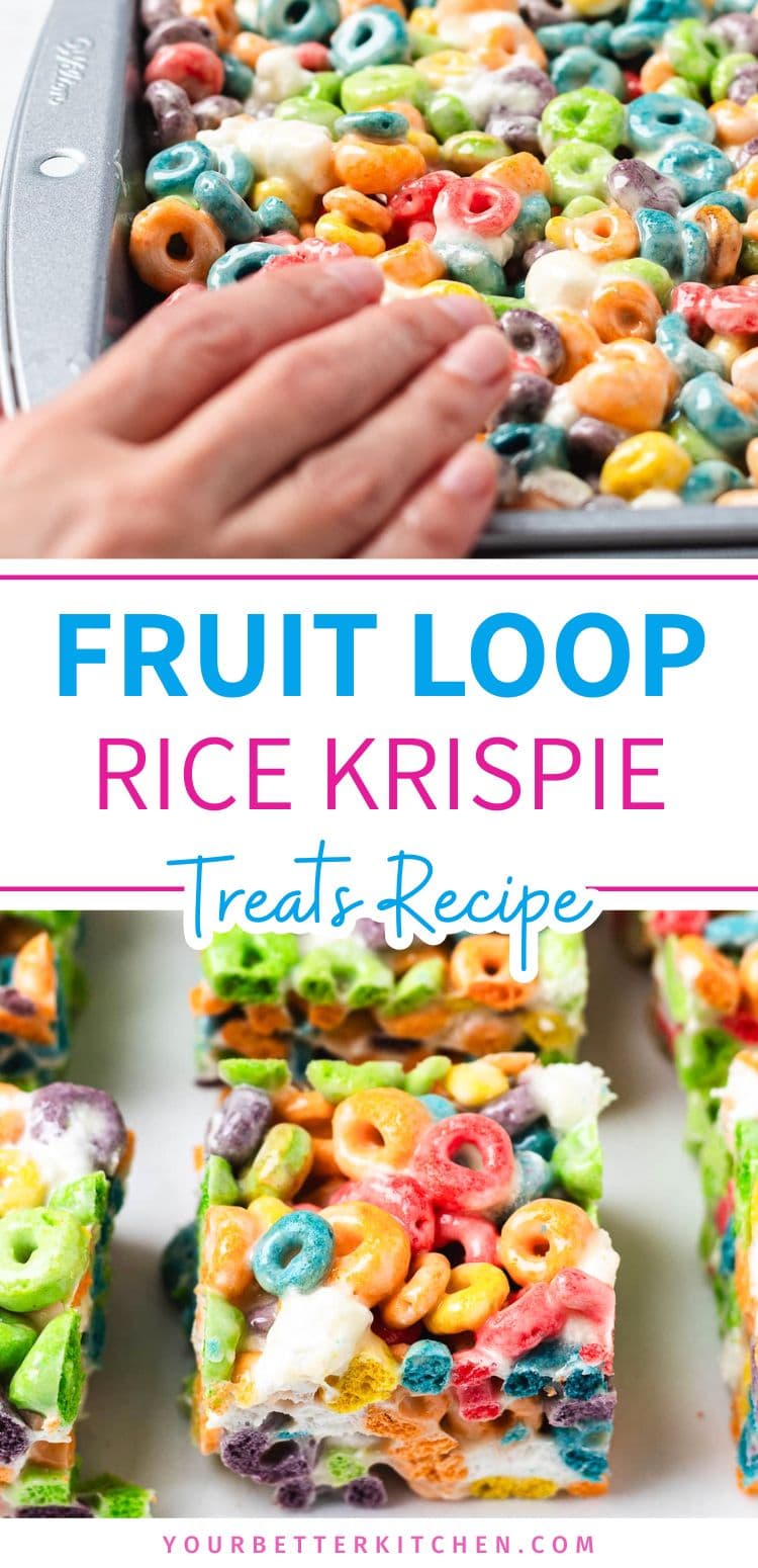 Pin image that reads "Fruit Loop Rice Krispie Treats Recipe."