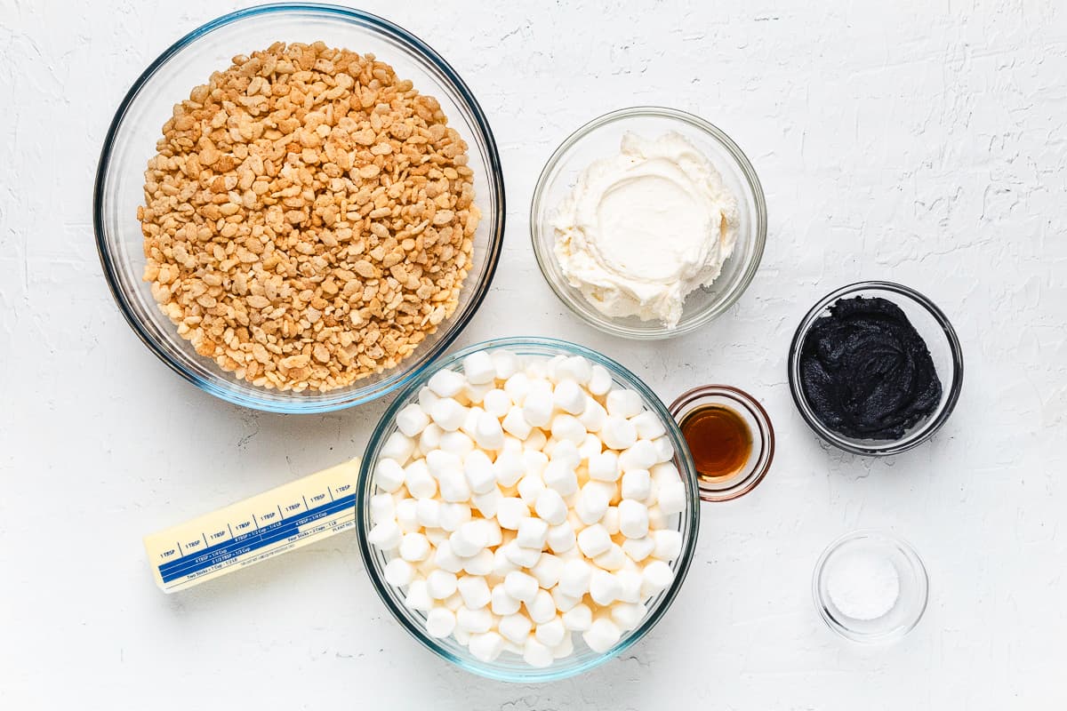 Ingredients for Jack Skellington Rice Krispie treats.