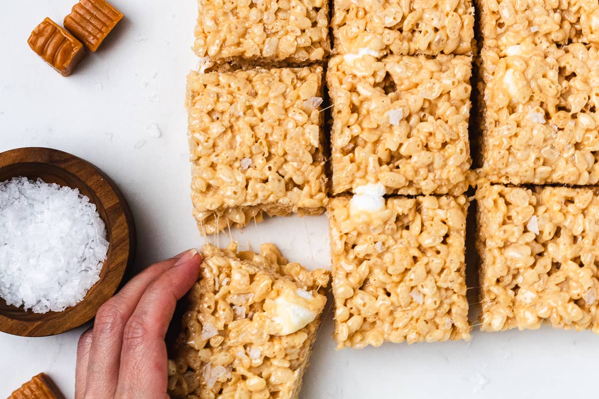 Salted caramel Rice Krispie treats with flaky sea salt.