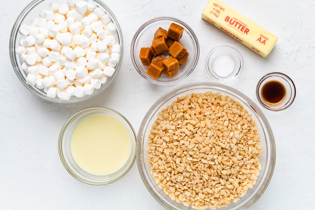 Ingredients for salted caramel Rice Krispie treats.