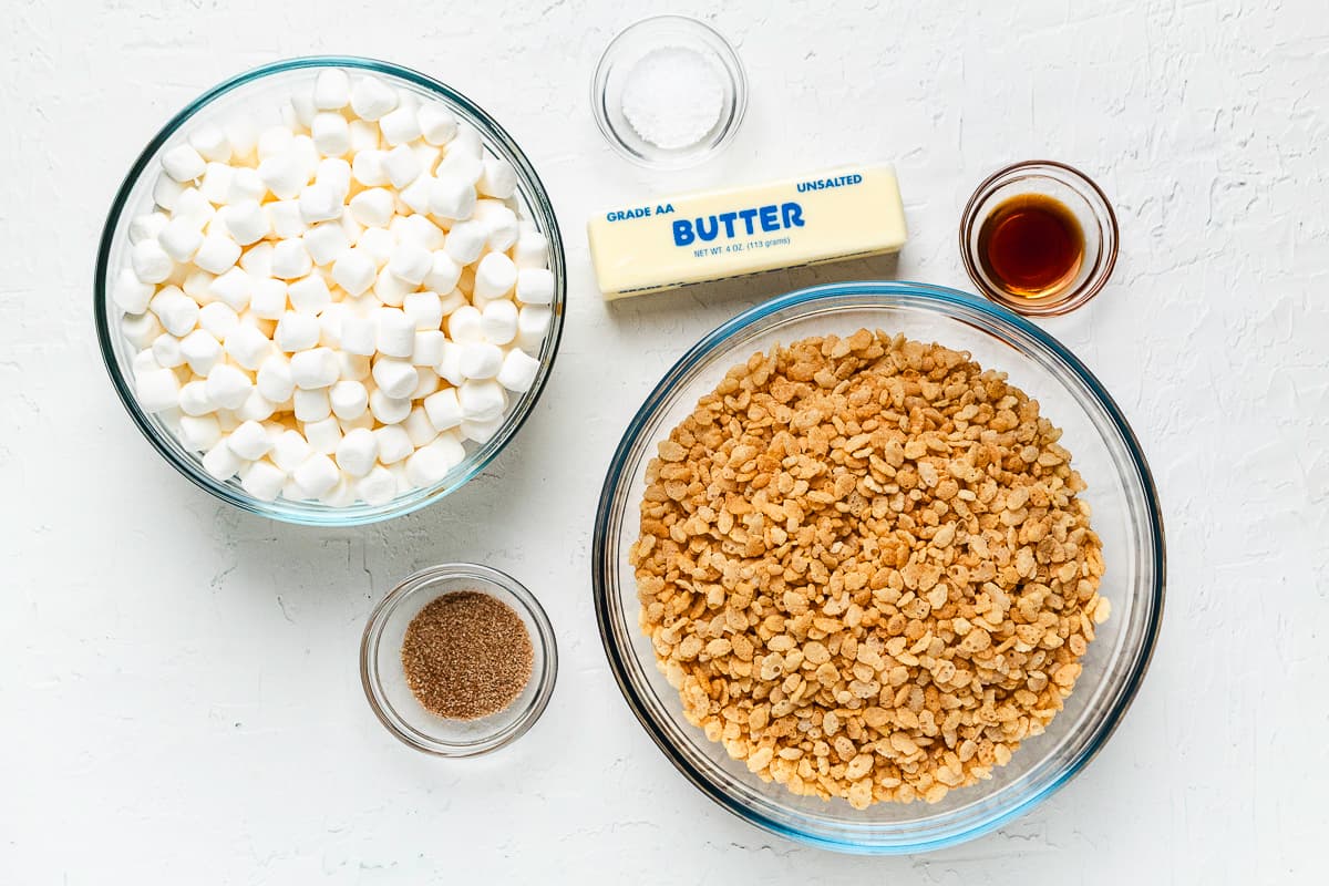 Ingredients for chai Rice Krispie Treats, including cereal, marshmallows, butter, vanilla, and spices.