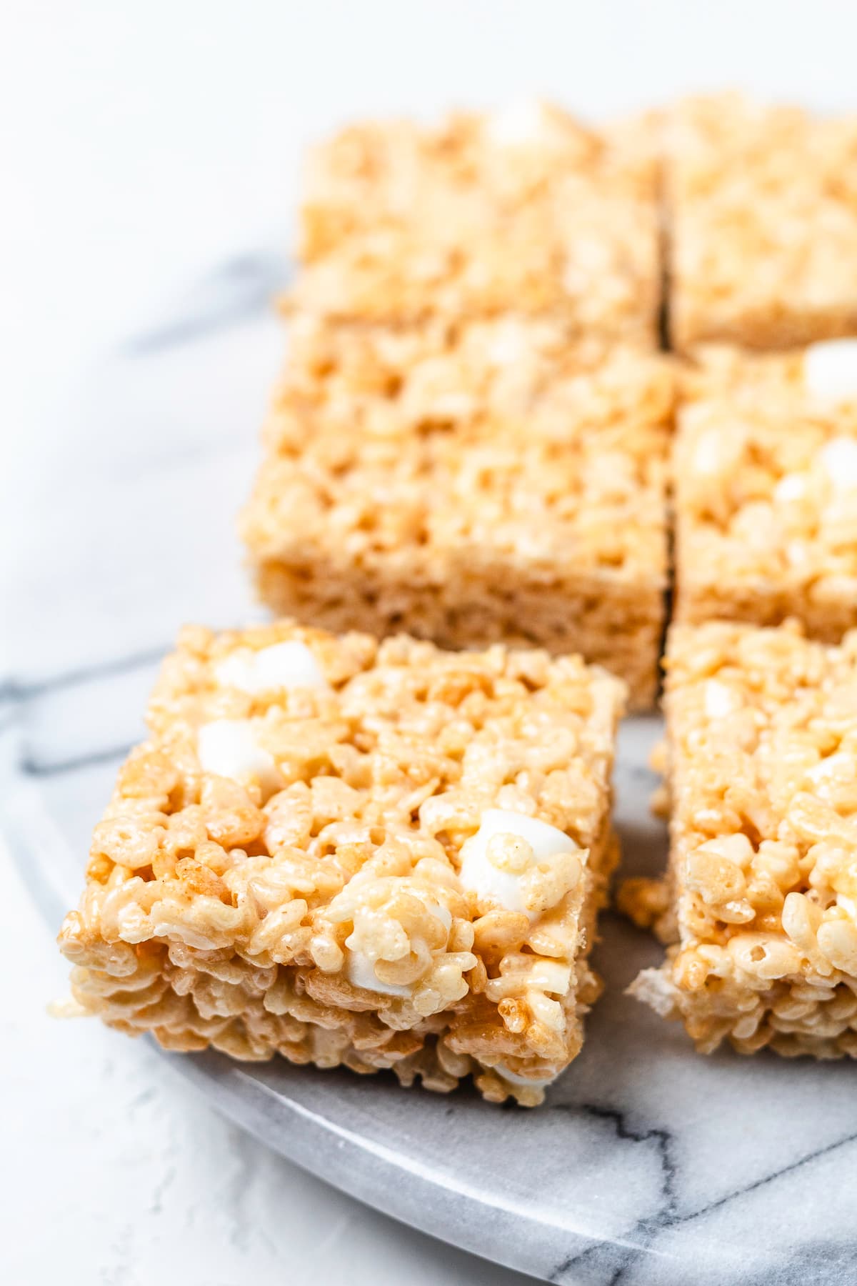 Gooey Rice Krispie Treats cut into squares.