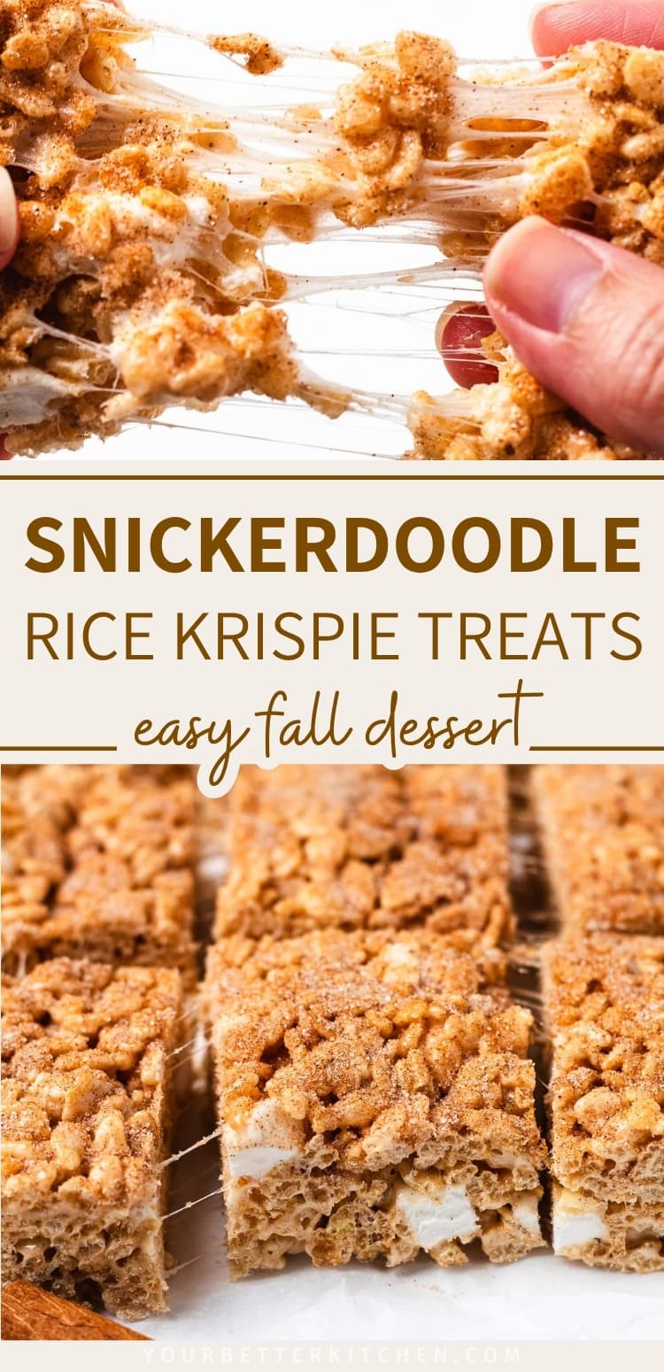 Pin image for snickerdoodle Rice Krispie treats recipe.
