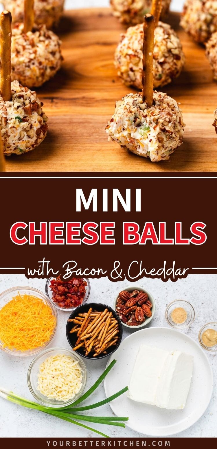Pin image of mini bacon and cheddar cheese balls with pretzel stick handles, plus ingredients for this easy party appetizer.