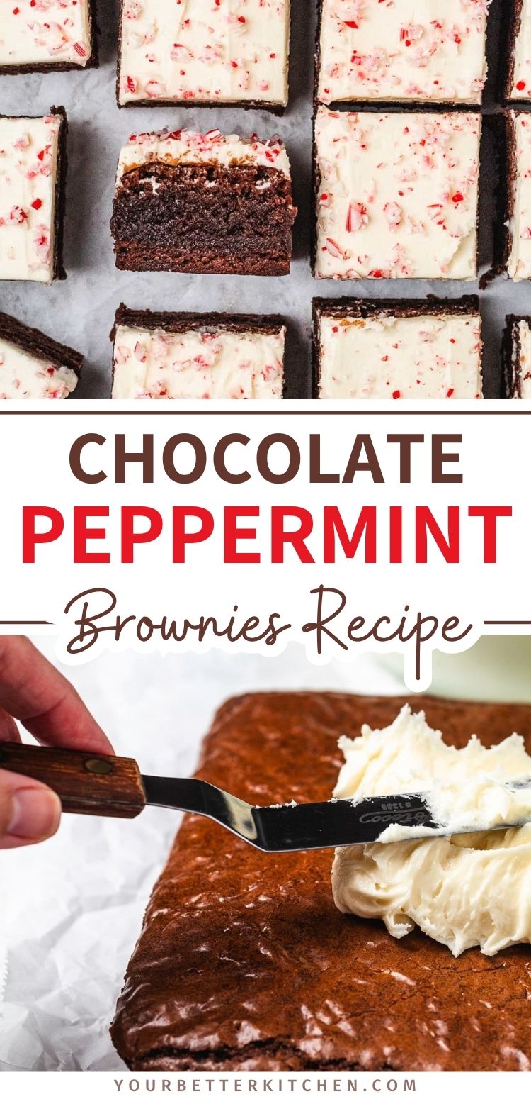 Pinterest pin for chocolate peppermint brownies with white frosting, crushed candy canes, and step-by-step photos.