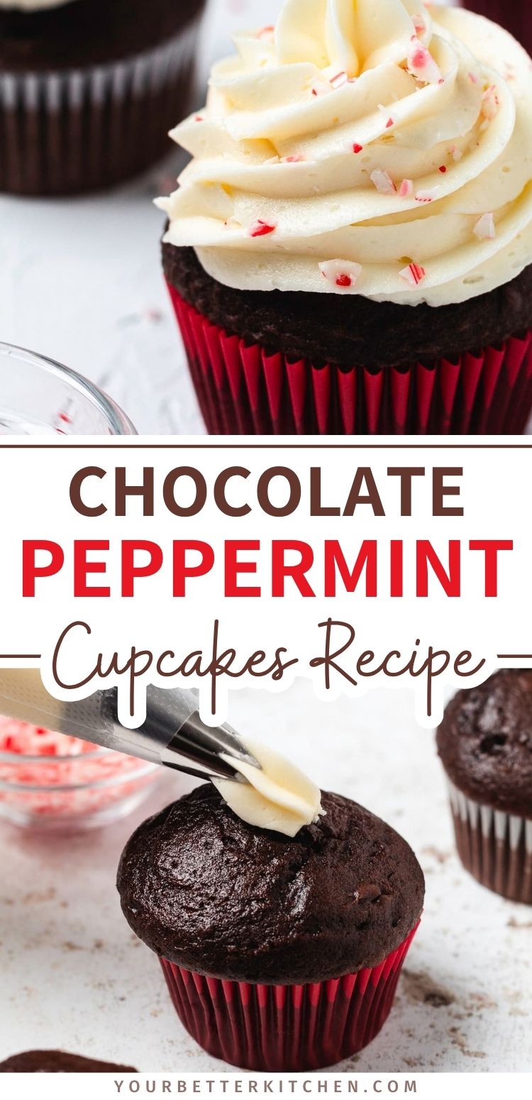 Pin image for chocolate peppermint cupcakes topped with creamy peppermint frosting and crushed candy canes, with a frosting process photo.