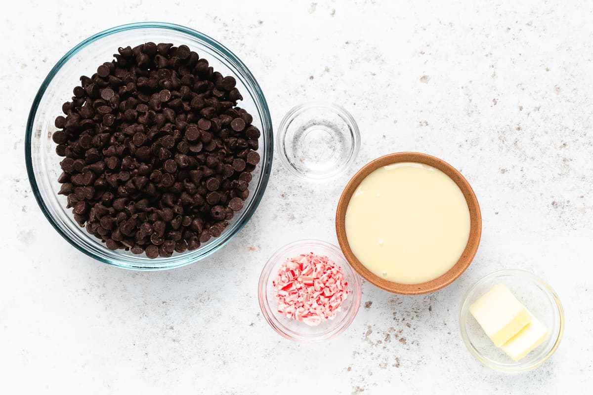 Chocolate chips, sweetened condensed milk, butter, peppermint extract, and crushed candy canes for peppermint fudge.