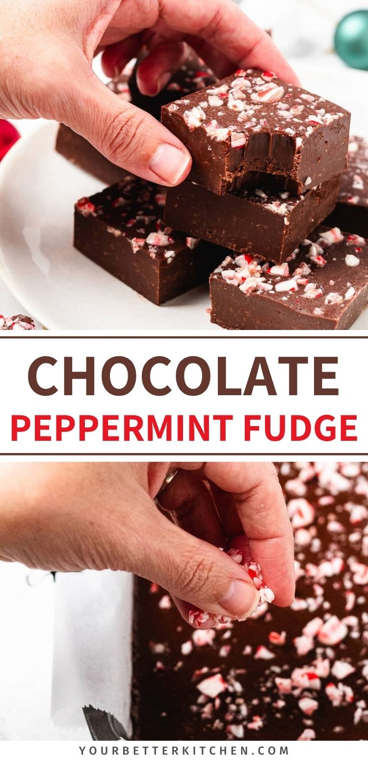 Chocolate peppermint fudge squares topped with candy canes in a festive Christmas recipe pin.