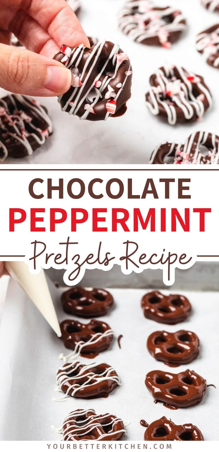 Pin image for chocolate peppermint pretzels with white chocolate drizzle, crushed candy canes, and step-by-step photos.