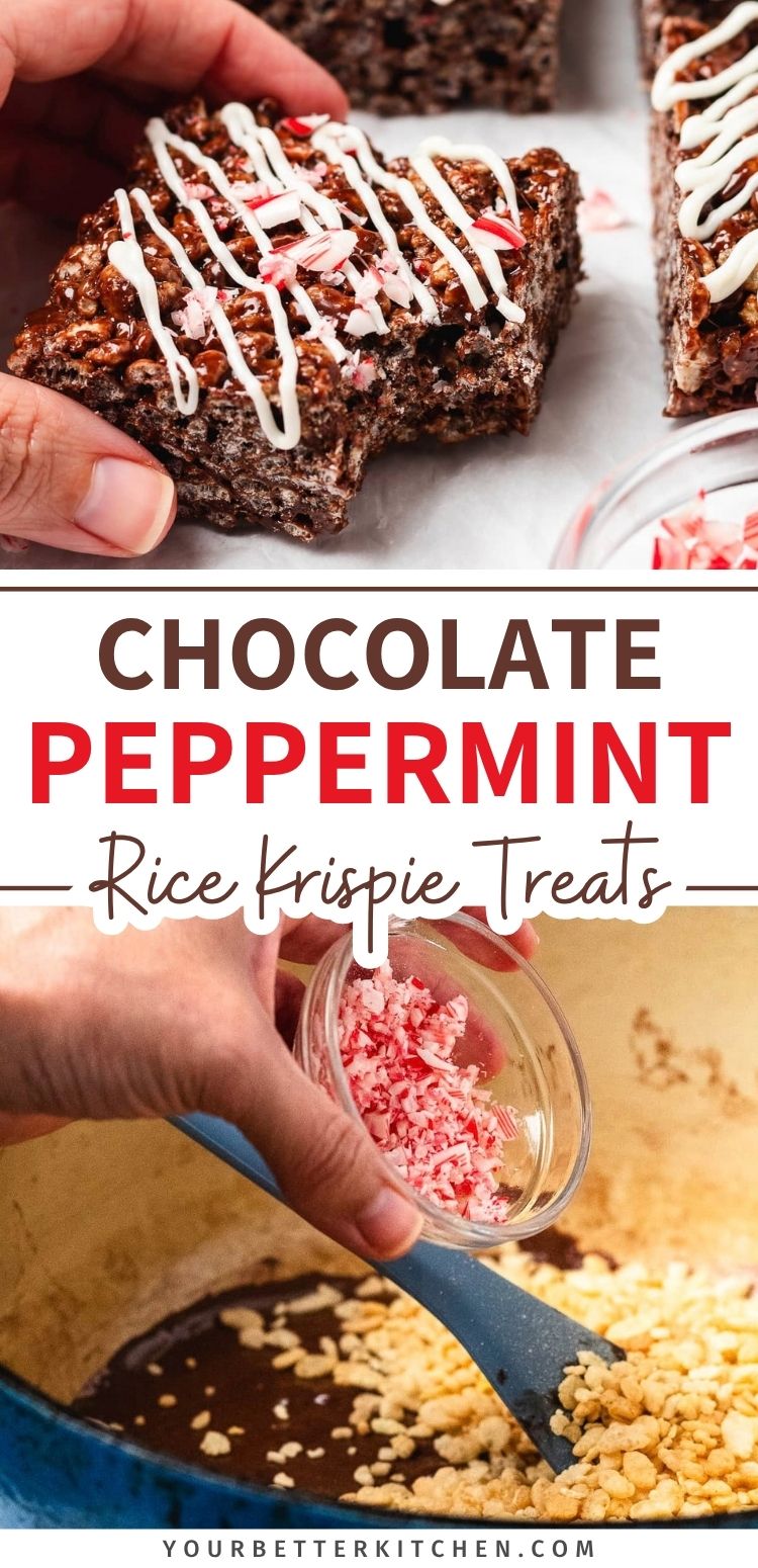 Pin image of chocolate peppermint Rice Krispie treats with white chocolate drizzle, crushed candy canes, and preparation steps.