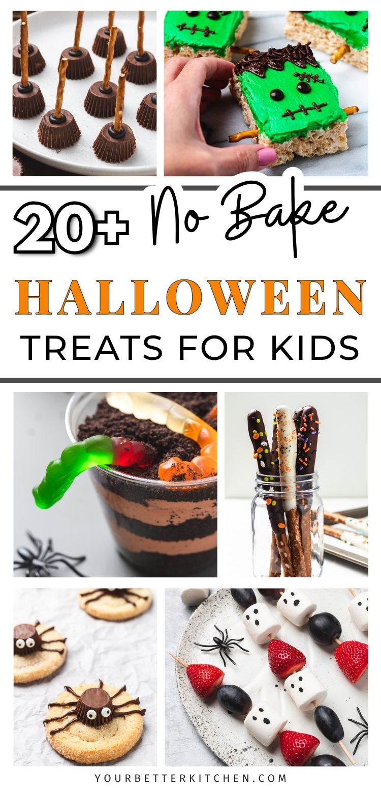 Collage pin image with a variety of no bake Halloween treats for kids.