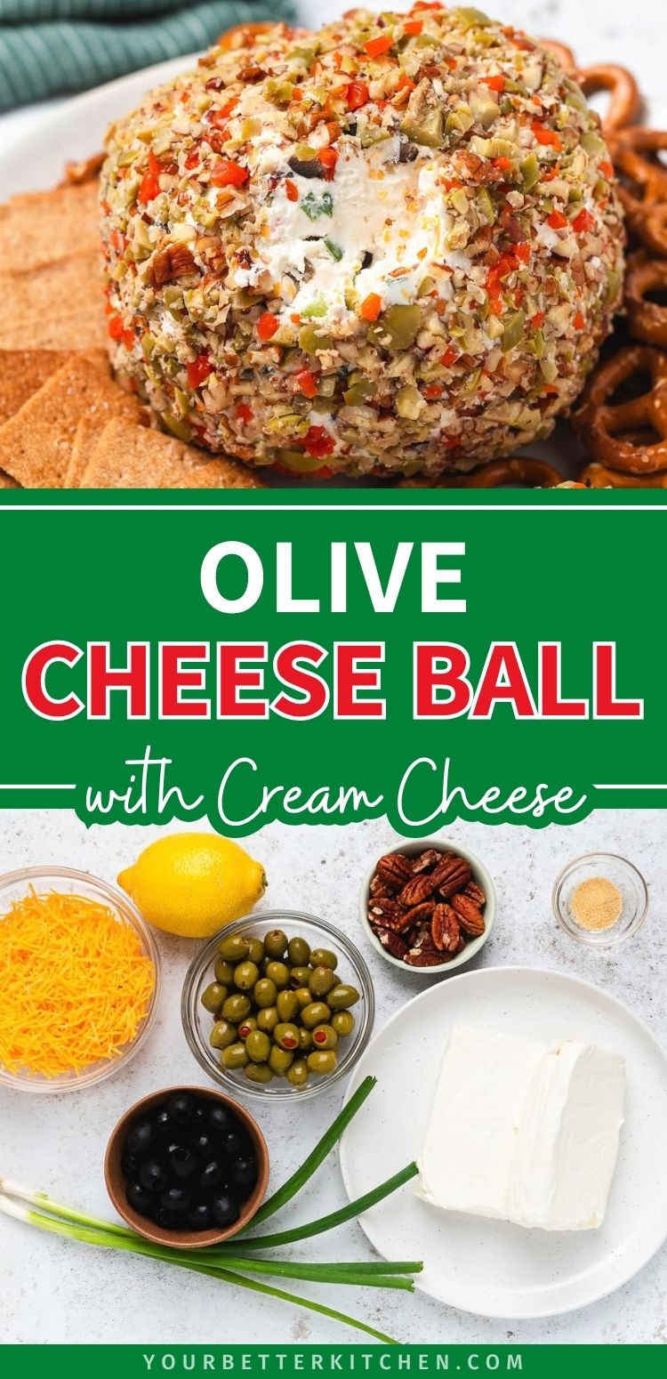 Pin image showing olive cheese ball with cream cheese, chopped olives, and pecans, shown with crackers and recipe ingredients.